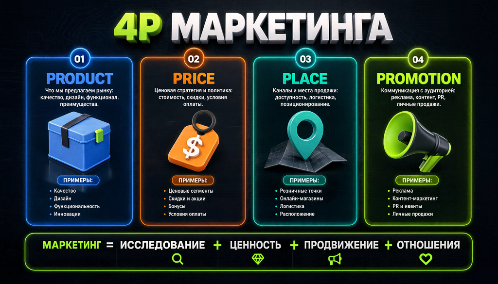 Инфографика схемы маркетинга 4P: исследование, ценность, продвижение, отношения
