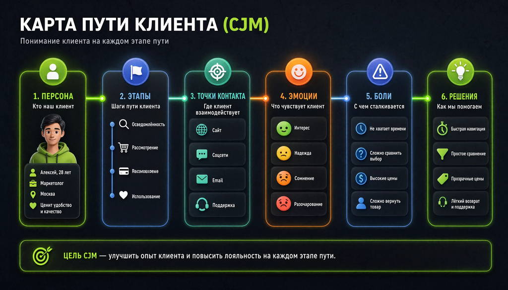 Инфографика карты пути клиента (CJM): персоны, этапы, точки контакта, эмоции, боли, решения - структура инструмента