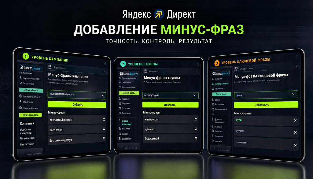 Интерфейс добавления минус-фраз в Яндекс.Директ на уровнях кампании, группы и ключевой фразы