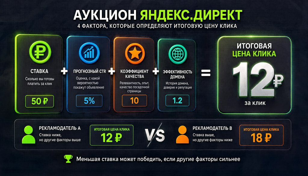 Схема аукциона Яндекс.Директ: четыре фактора, влияющие на цену клика
