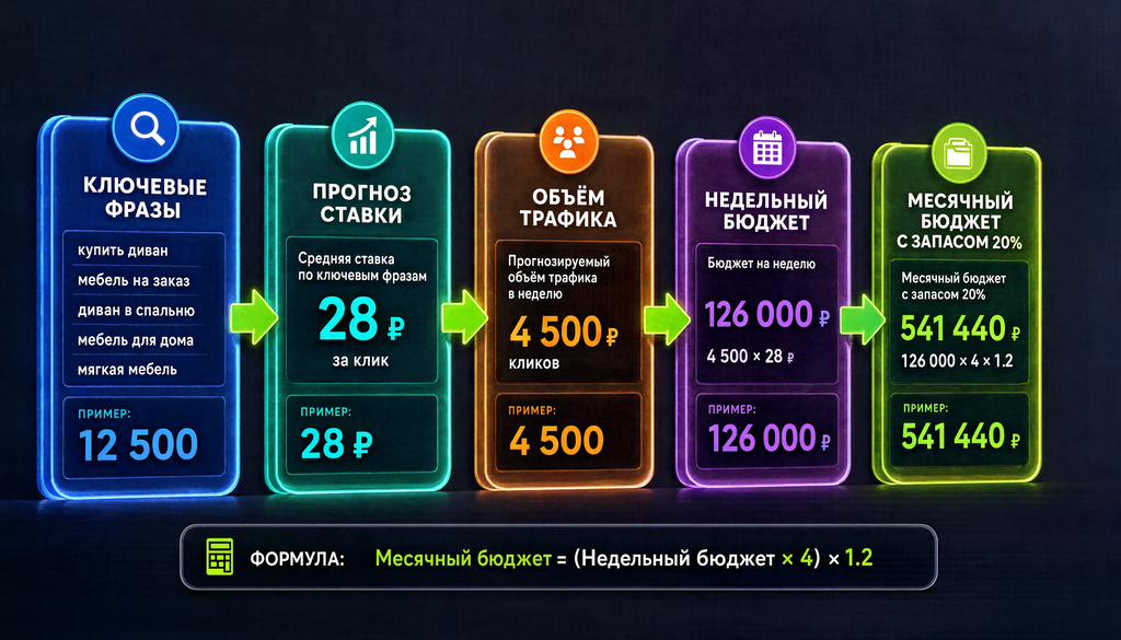 Схема расчёта бюджета: ключевые фразы &rarr; прогноз ставки &rarr; объём трафика &rarr; недельный бюджет &rarr; месячный бюджет с запасом 20%