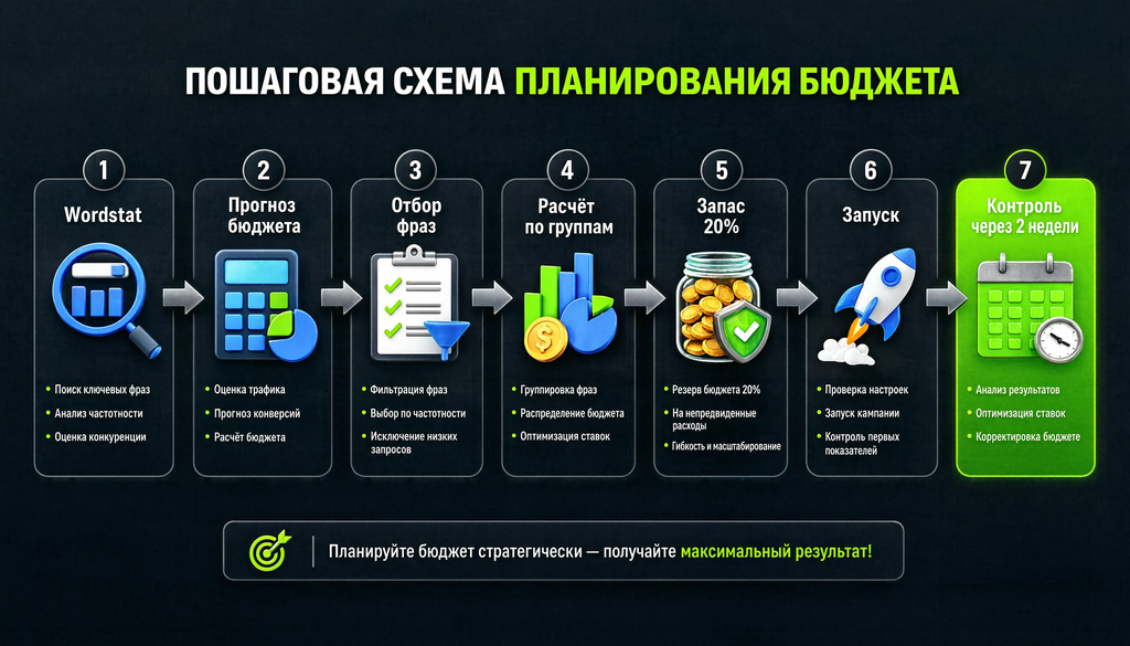 Пошаговая схема планирования бюджета: от Wordstat до контроля через 2 недели, с семью блоками инструментов и действий