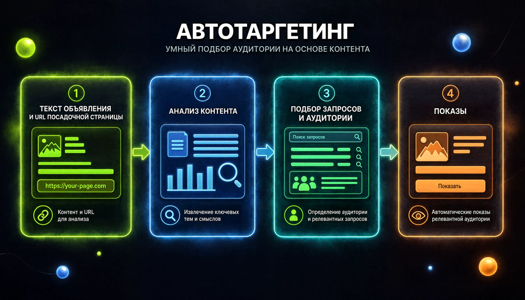 Схема работы автотаргетинга: четыре этапа от объявления и URL до подбора аудитории и показов
