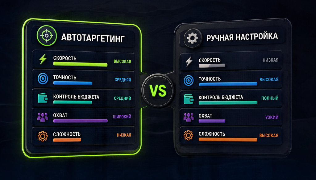 Сравнение автотаргетинга и ручной настройки по пяти критериям: скорость, точность, контроль бюджета, охват, сложность. Две колонки с цветовой индикацией помогают выбрать подход под свою задачу.