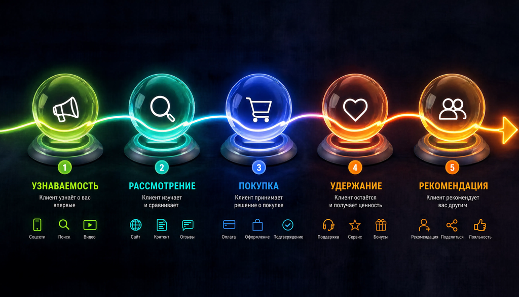 Линейная схема пяти этапов пути клиента: узнаваемость, рассмотрение, покупка, удержание, рекомендация, с примерами точек контакта и эмоций на каждом этапе.