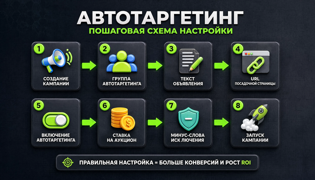 Пошаговая схема настройки автотаргетинга из восьми блоков: создание кампании, группы, текста объявления, URL, включение, ставка, минус-слова, запуск