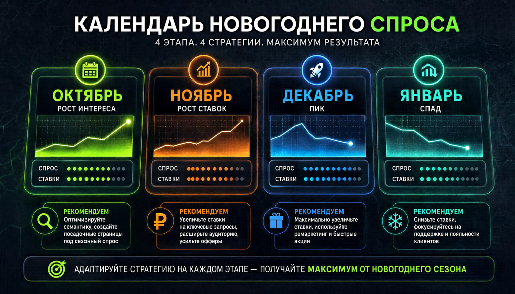 Инфографика календаря новогоднего спроса: октябрь (рост интереса), ноябрь (рост ставок), декабрь (пик), январь (спад)