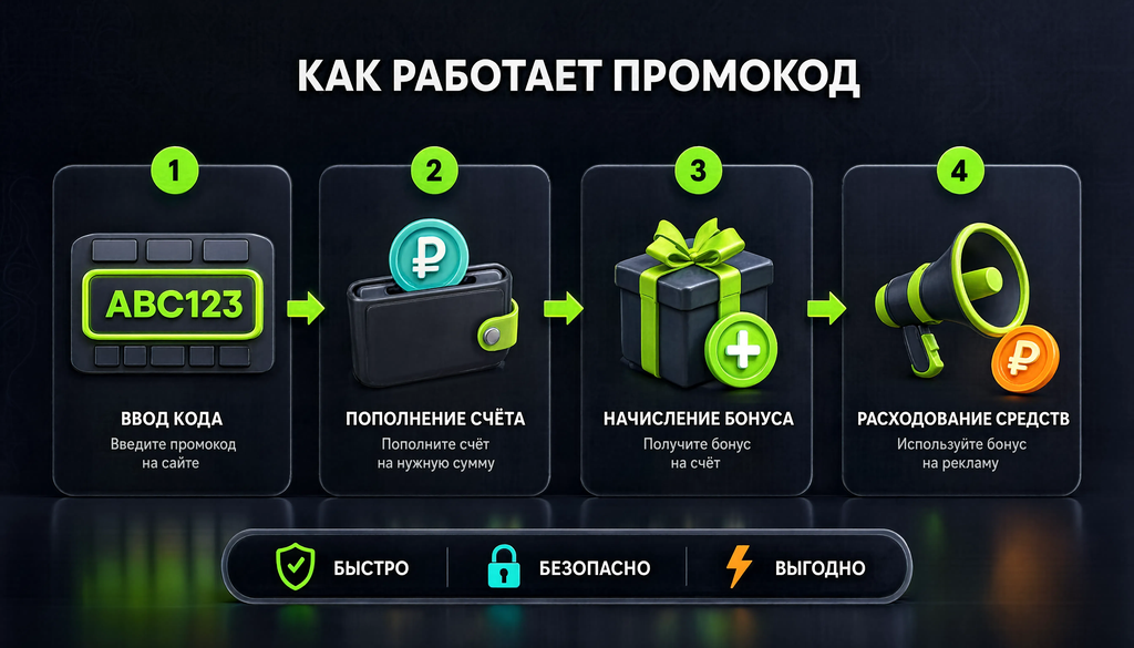 Инфографика схемы работы промокода: ввод кода, пополнение счёта, начисление бонуса, расходование средств на рекламу