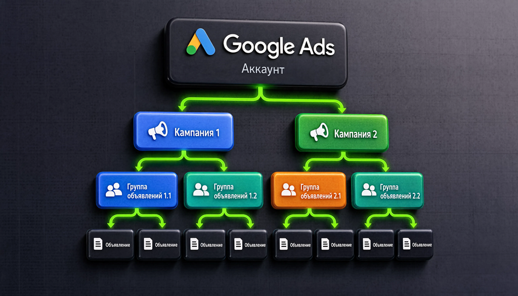 Инфографика структуры Google Ads: аккаунт, кампании, группы объявлений, объявления