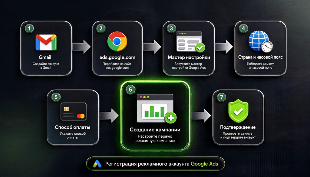 Пошаговая схема регистрации в Google Ads: от Gmail до подтверждения кампании, семь блоков с ключевыми действиями.