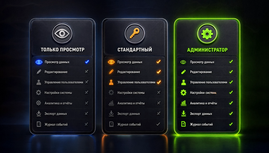 Сравнение уровней доступа: просмотр, стандартный, администратор. Три колонки с возможностями для выбора подходящего уровня.