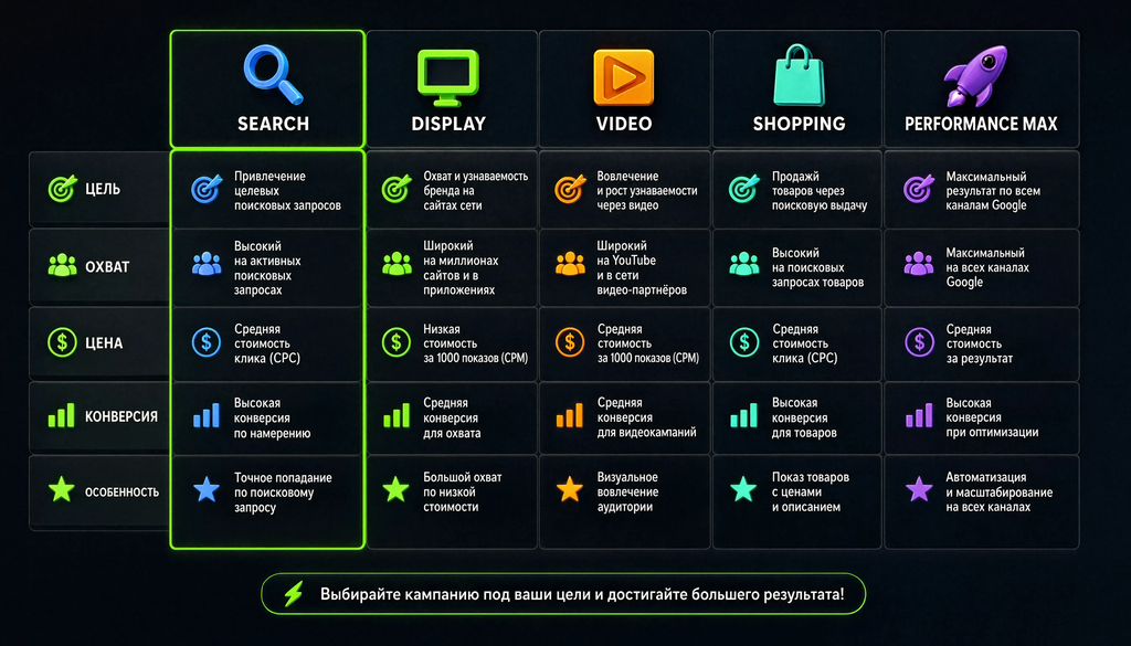 Сравнение типов кампаний Search, Display, Video, Shopping, Performance Max по цели, охвату, цене и конверсии в пяти колонках