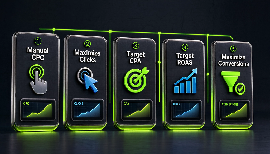 Сравнение стратегий ставок Manual CPC Maximize Clicks Target CPA Target ROAS Maximize Conversions инфографика выбор по контролю данным и целям
