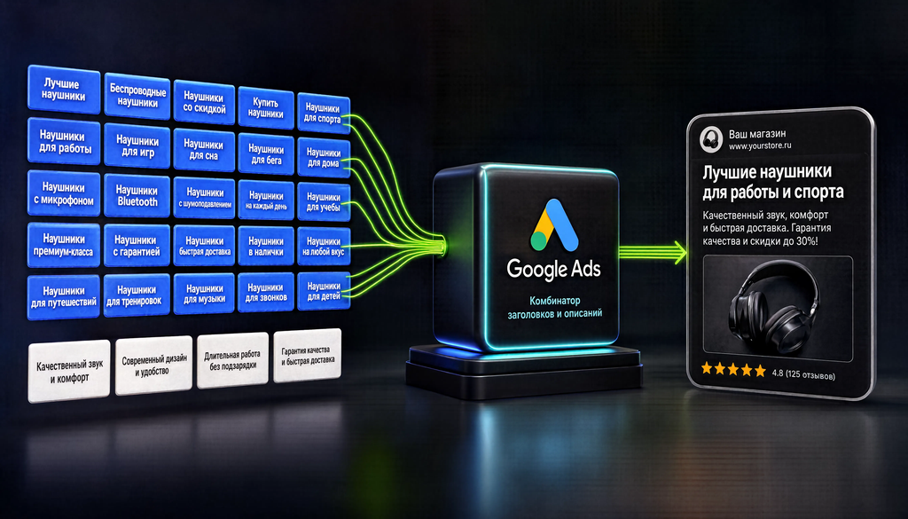 Structure of RSA showing 15 headlines and 4 descriptions combined by Google to form a responsive search ad