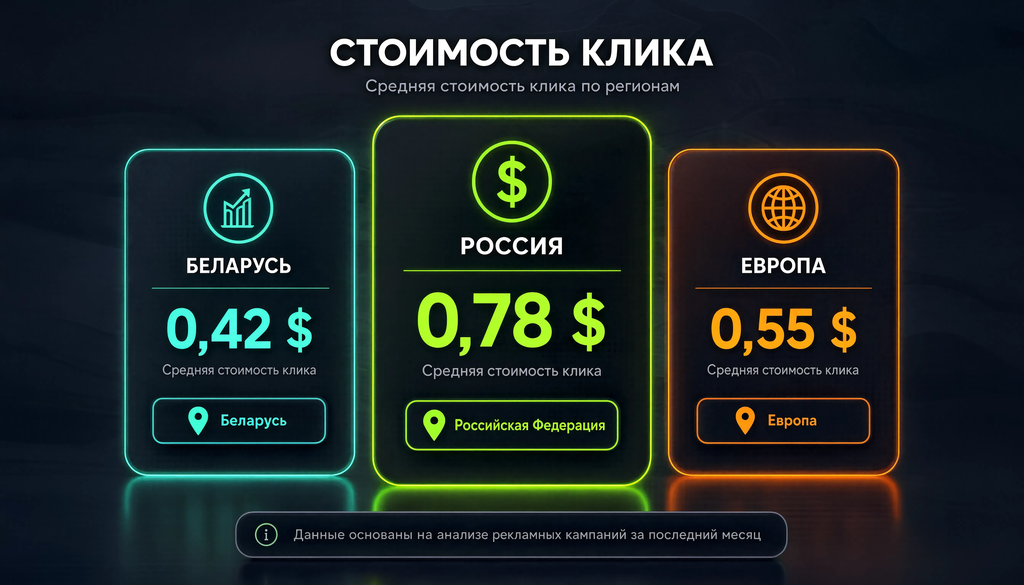 Инфографика сравнения стоимости клика по нишам в Беларуси, РФ и Европе. Показывает, что реклама в Беларуси дешевле.