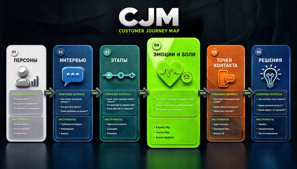 Пошаговая схема построения Customer Journey Map: персоны, интервью, этапы, точки контакта, эмоции и боли, решения
