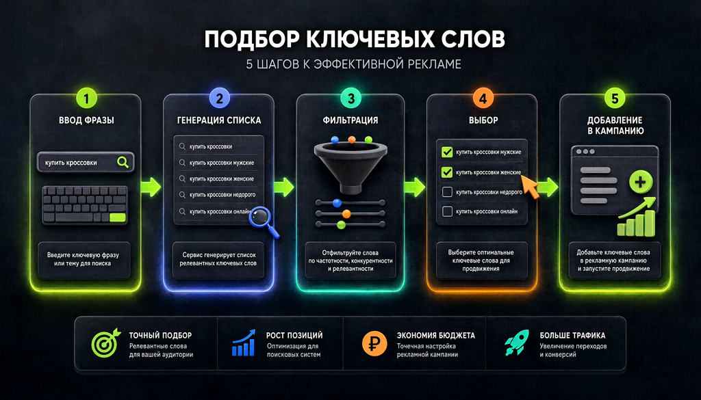 Процесс подбора ключевых слов: ввод фразы, генерация списка, фильтрация, выбор, добавление в кампанию. Пять блоков со стрелками показывают последовательность.