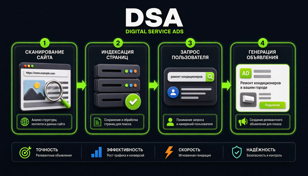 Схема работы DSA: сканирование сайта, индексация страниц, запрос пользователя, генерация объявления. Четыре блока показывают автоматический процесс.