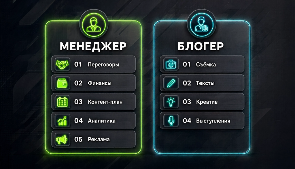 Инфографика: задачи менеджера (переговоры, финансы, контент-план, аналитика, реклама) и блогера (съёмка, тексты, креатив, выступления)