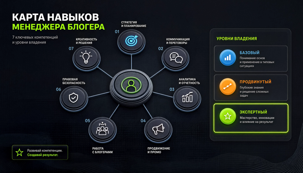 Карта навыков менеджера блогера: 7 ключевых компетенций с уровнями владения (базовый, продвинутый, экспертный)