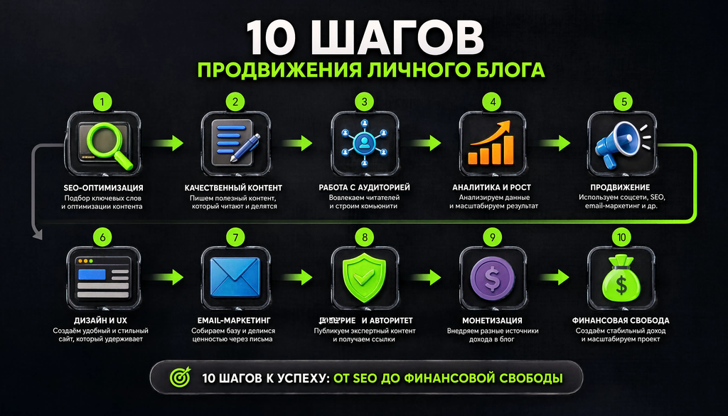 Схема пошагового плана продвижения личного блога: 10 шагов от SEO до монетизации