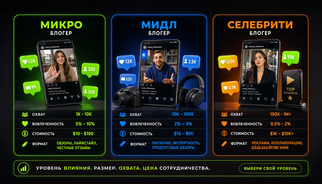 Сравнительная иллюстрация трех уровней блогеров: микро, мидл и селебрити &mdash; по охвату, вовлеченности, стоимости и формату работы. Помогает брендам и менеджерам выбрать подходящий уровень под бюджет.