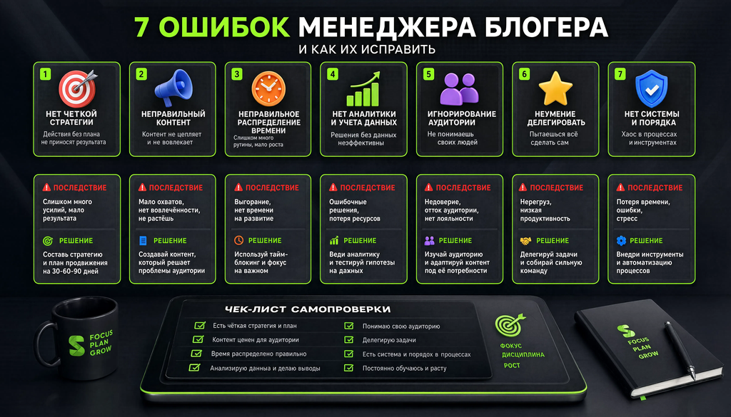 Инфографика: 7 типичных ошибок менеджера блогера, их последствия и решения. Чек-лист для самопроверки.