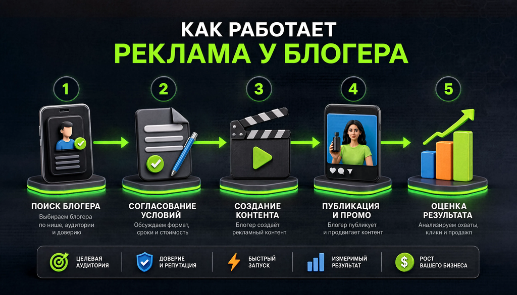 Схема как работает реклама у блогера: 5 ключевых этапов от поиска до оценки результата