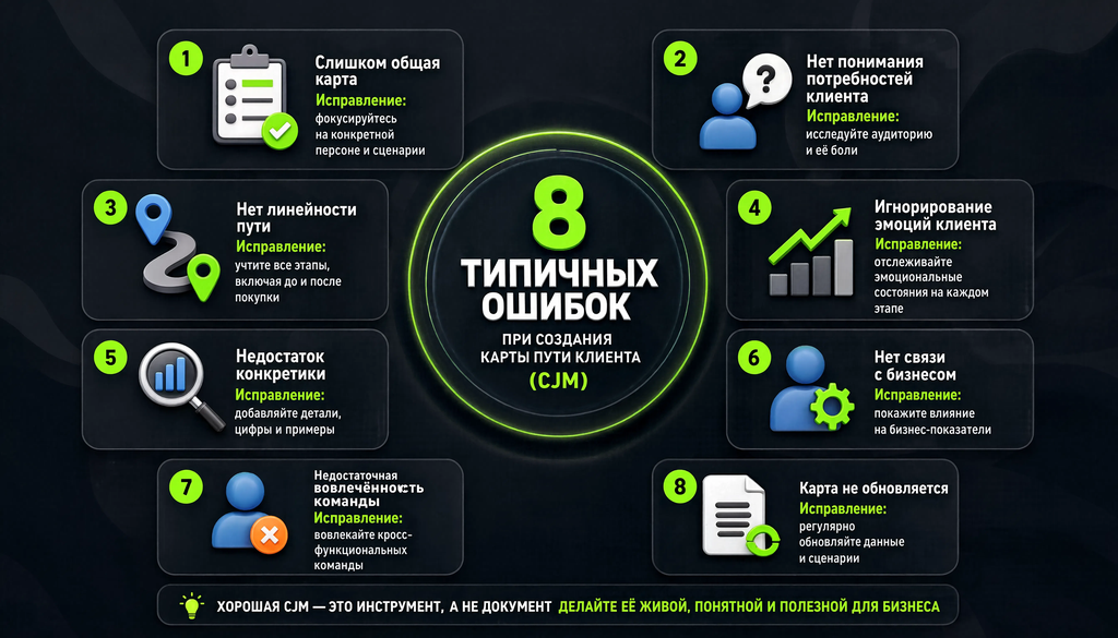 Инфографика: восемь типичных ошибок при создании CJM с иконками и способами исправления