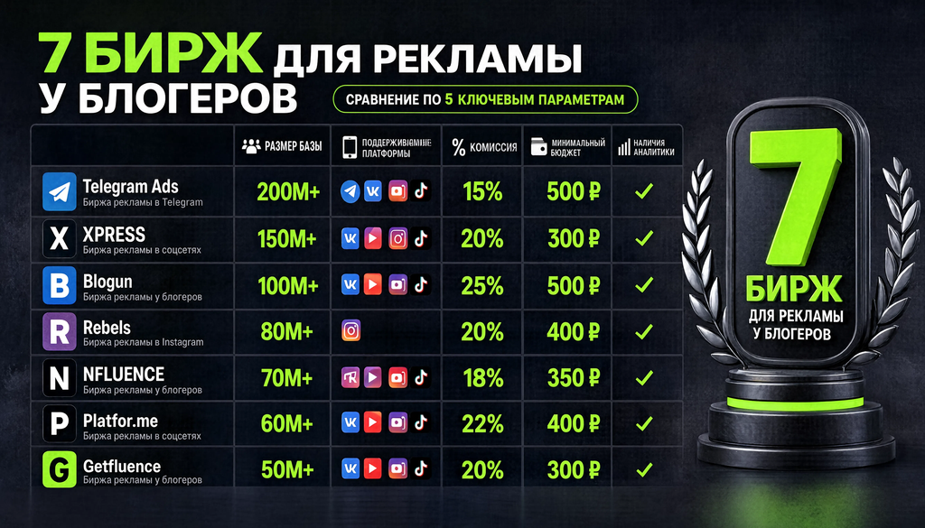 Сравнение 7 бирж для рекламы у блогеров: размер базы, платформы, комиссия, бюджет, аналитика