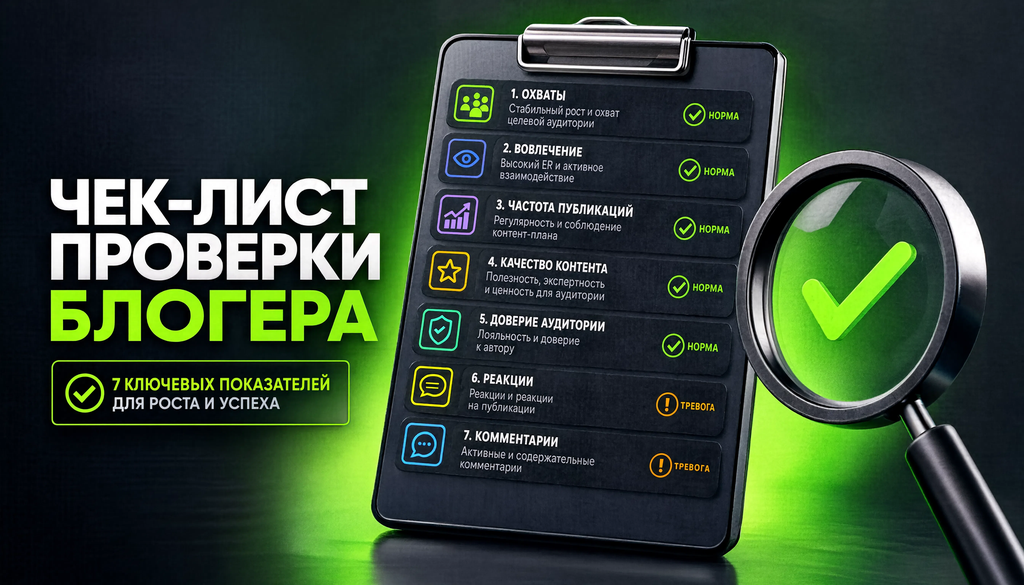 Чек-лист проверки блогера: 7 пунктов от охватов до комментариев с маркерами норма и тревога