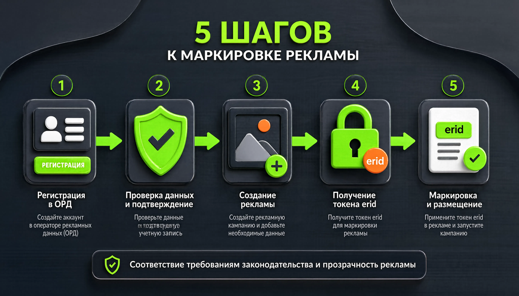 Схема процесса маркировки рекламы: 5 шагов от регистрации в ОРД до получения токена erid