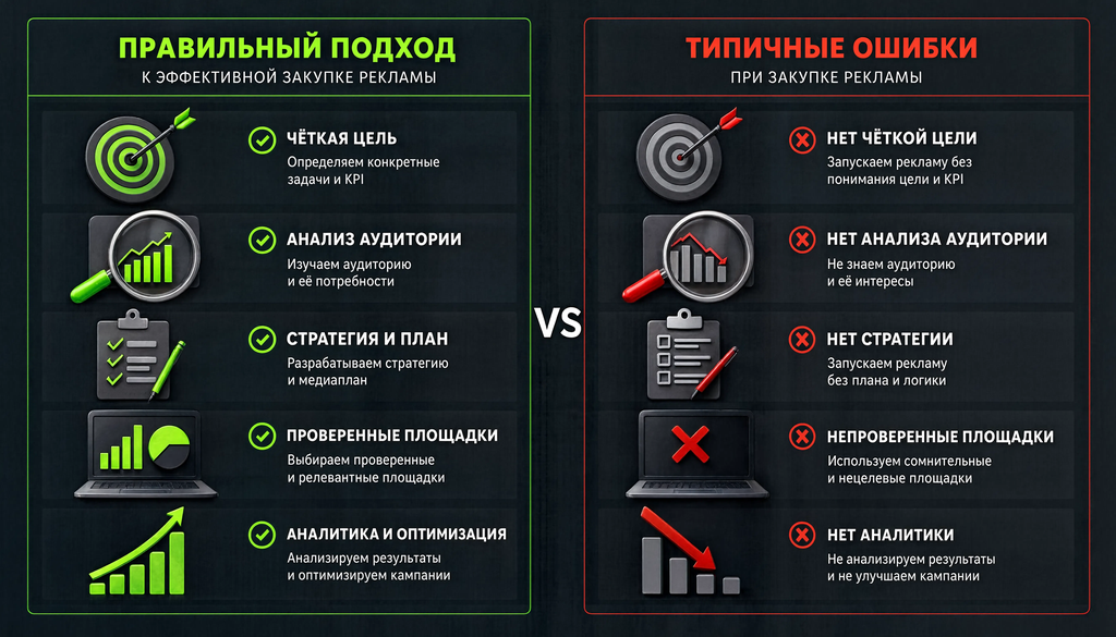 Сравнительная иллюстрация: правильный подход и типичные ошибки при закупке рекламы, с 4-5 парами и краткими пояснениями.