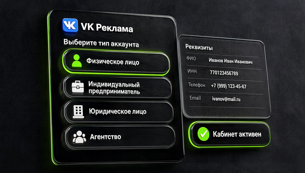 Скриншот процесса регистрации в VK Рекламе: выбор типа аккаунта (физлицо, ИП, юрлицо, агентство), заполнение реквизитов и активация кабинета