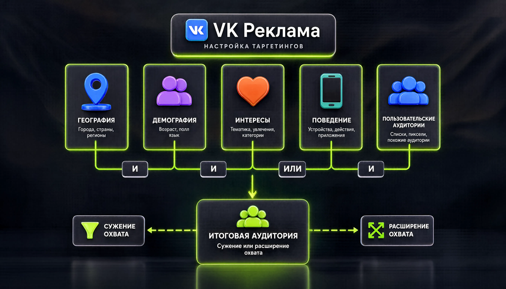 Схема настройки таргетингов в VK Рекламе с операторами И и ИЛИ для сужения и расширения охвата