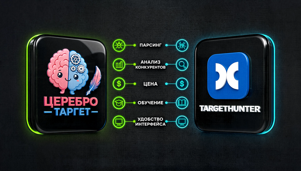 Сравнение Церебро Таргет и TargetHunter по ключевым параметрам: функционал парсинга, анализ конкурентов, цена, обучение, удобство интерфейса.