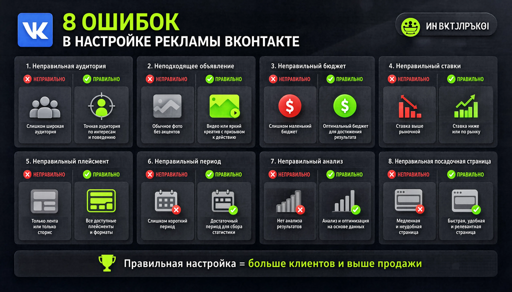 Инфографика: 8 типичных ошибок при настройке рекламы ВКонтакте с визуальными маркерами неправильно и правильно для каждой