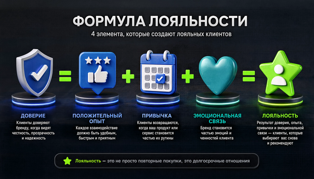 Инфографика: лояльность = доверие + положительный опыт + привычка + эмоциональная связь