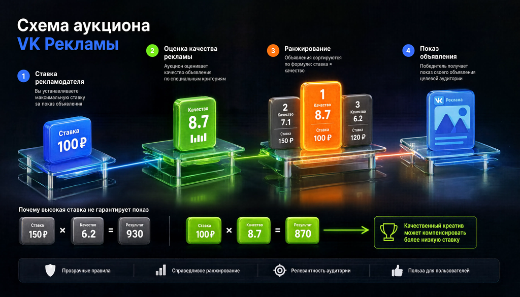 Схема работы аукциона VK Рекламы: от ставки рекламодателя через оценку качества и ранжирование к показу объявления. Показывает, что качественный креатив может компенсировать низкую ставку.