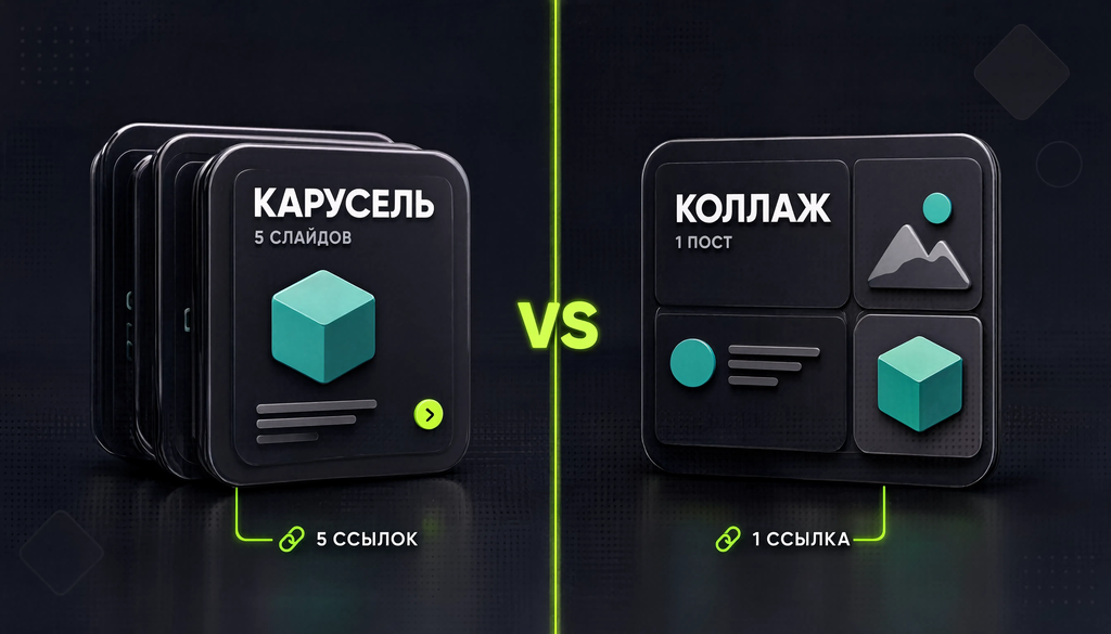 Сравнение форматов карусель и коллаж в ленте ВКонтакте: карусель с пролистываемыми слайдами и отдельными ссылками, коллаж с сеткой и одной ссылкой