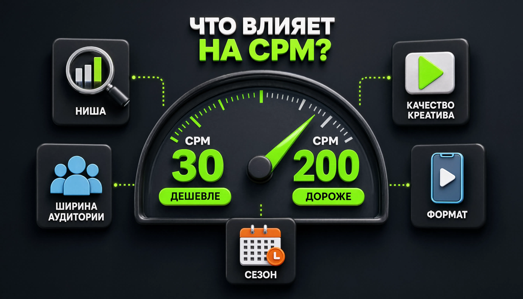 Инфографика: факторы, влияющие на стоимость рекламы в ВКонтакте: ниша, качество креатива, ширина аудитории, формат, сезон. Шкала дешевле-дороже.