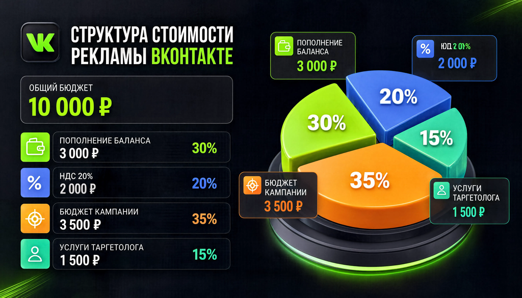 Инфографика: структура стоимости рекламы ВКонтакте с примером расчёта для бюджета 10000 рублей