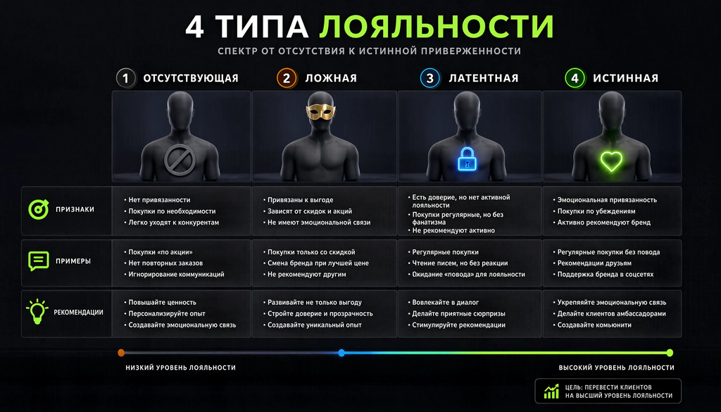 Matrix of 4 types of loyalty: absent, false, latent, true. Shows signs, examples, and recommendations, illustrating loyalty as a spectrum.