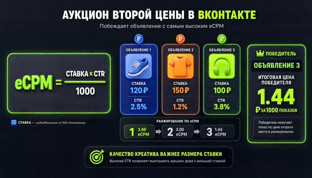 Схема работы аукциона второй цены в ВКонтакте: формула eCPM, пример с тремя объявлениями с разными ставками и CTR, итоговый порядок ранжирования и фактическая цена, которую платит победитель.