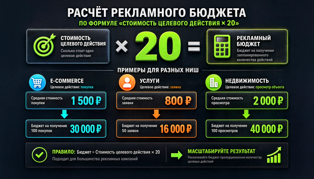 Инфографика пошагового расчета рекламного бюджета по формуле стоимость целевого действия × 20 с примерами для e-commerce, услуг и недвижимости