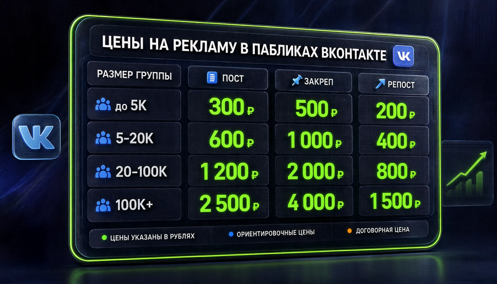 Таблица ориентировочных цен на рекламу в пабликах ВКонтакте по размеру группы и формату