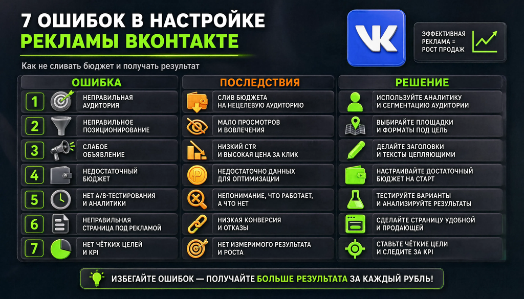 Чек-лист типичных ошибок в настройке рекламы ВКонтакте с последствиями и решениями