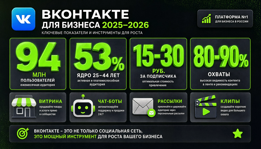 Инфографика ВКонтакте для бизнеса: ключевые показатели 2025&ndash;2026 &mdash; 94 млн пользователей, 53% ядро 25&ndash;44 лет, 15&ndash;30 руб. за подписчика, охваты до 80&ndash;90%, инструменты: витрина, чат-боты, рассылки, клипы