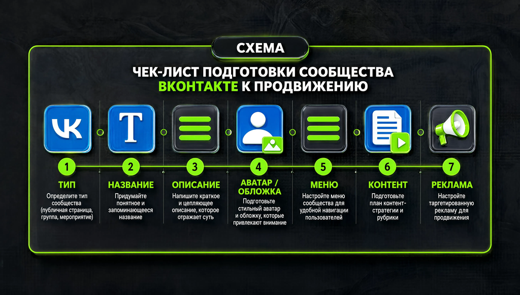Чек-лист подготовки сообщества ВКонтакте к продвижению: 7 шагов с иконками