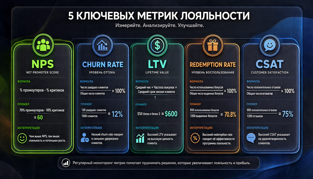 Сравнительная таблица 5 метрик лояльности (NPS, Churn Rate, LTV, Redemption Rate, CSAT) с формулами, примерами и интерпретацией для выбора подходящей метрики бизнеса